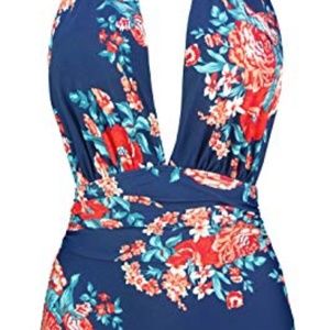 Floral plunging neckline high waisted swimsuit